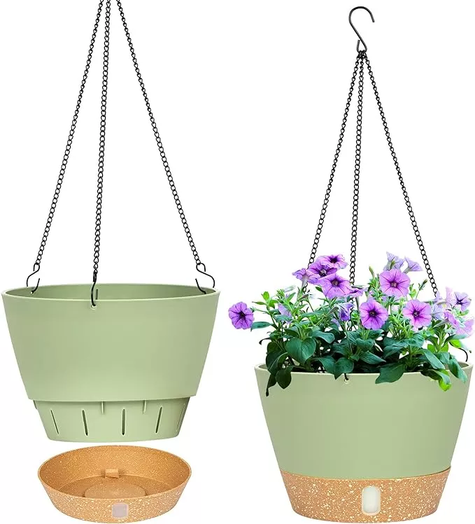 QCQHDU 2 Pack 8 inch Hanging Planters for Indoor Plants, Outdoor Hanging Baskets, Self Watering Pots with Drainage Holes & Removable Tray (Dark Grey, 8 inch)