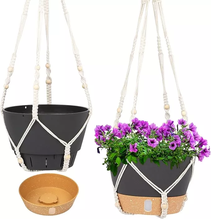 QCQHDU 2 Pack Hanging Planters for Indoor Plants, Outdoor Hanging Baskets, Self Watering Pots with Drainage Holes & Removable Tray (Green, 8 inch, Macrame Hanger)