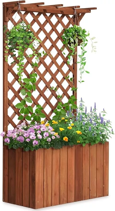 quictent-raised-garden-bed-wood-planter-box-with-lattice-trellis-vine-climbing-p Quictent Raised Garden Bed Wood Planter Box with Lattice Trellis for Vine Climbing Plants Flower Free-Standing, for Patio Garden Indoor Outdoor 29x12x70 in