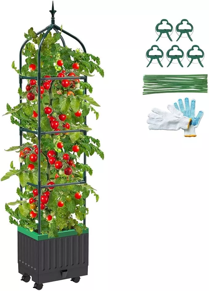 Raised Garden Bed Planter Boxes with Trellis,1pcs 70.9"Self-Watering Tomato Planter Boxes with Trellis for Climbing Vegetables Plants Flowers Tomato with Wheels,Use for Indoor Outdoor (Brown)
