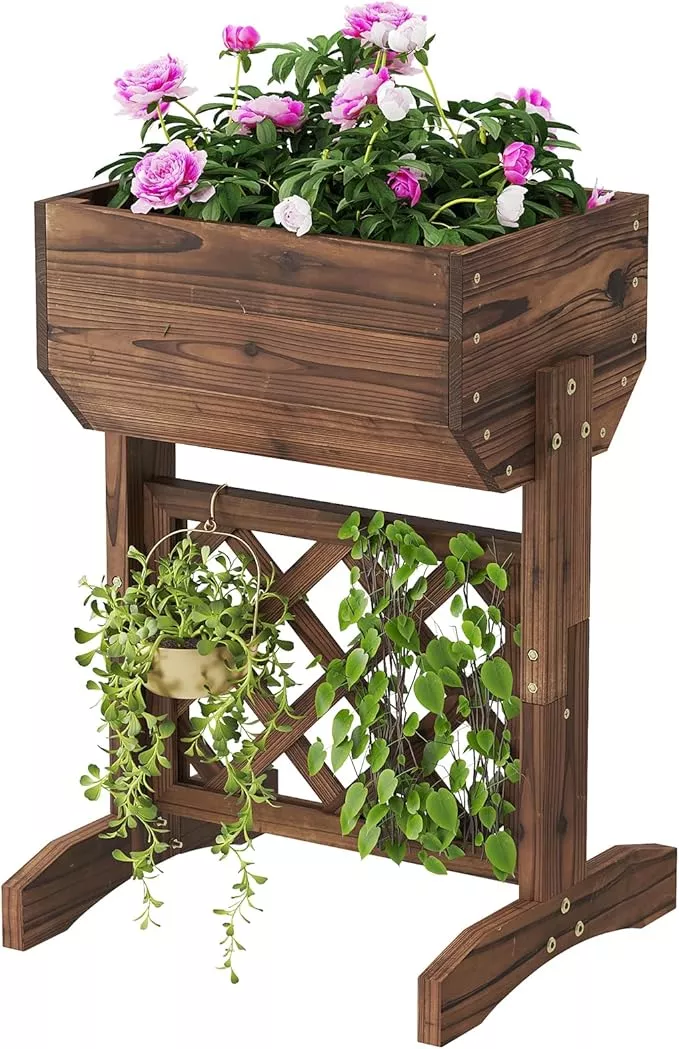 Raised Garden Bed, Standing Vertical Horticulture Planter Box for Backyard, Patio, Balcony, Planter for Flowers Herbs Vegetables for Indoor & Outdoo Decor with Trellis (Brown)