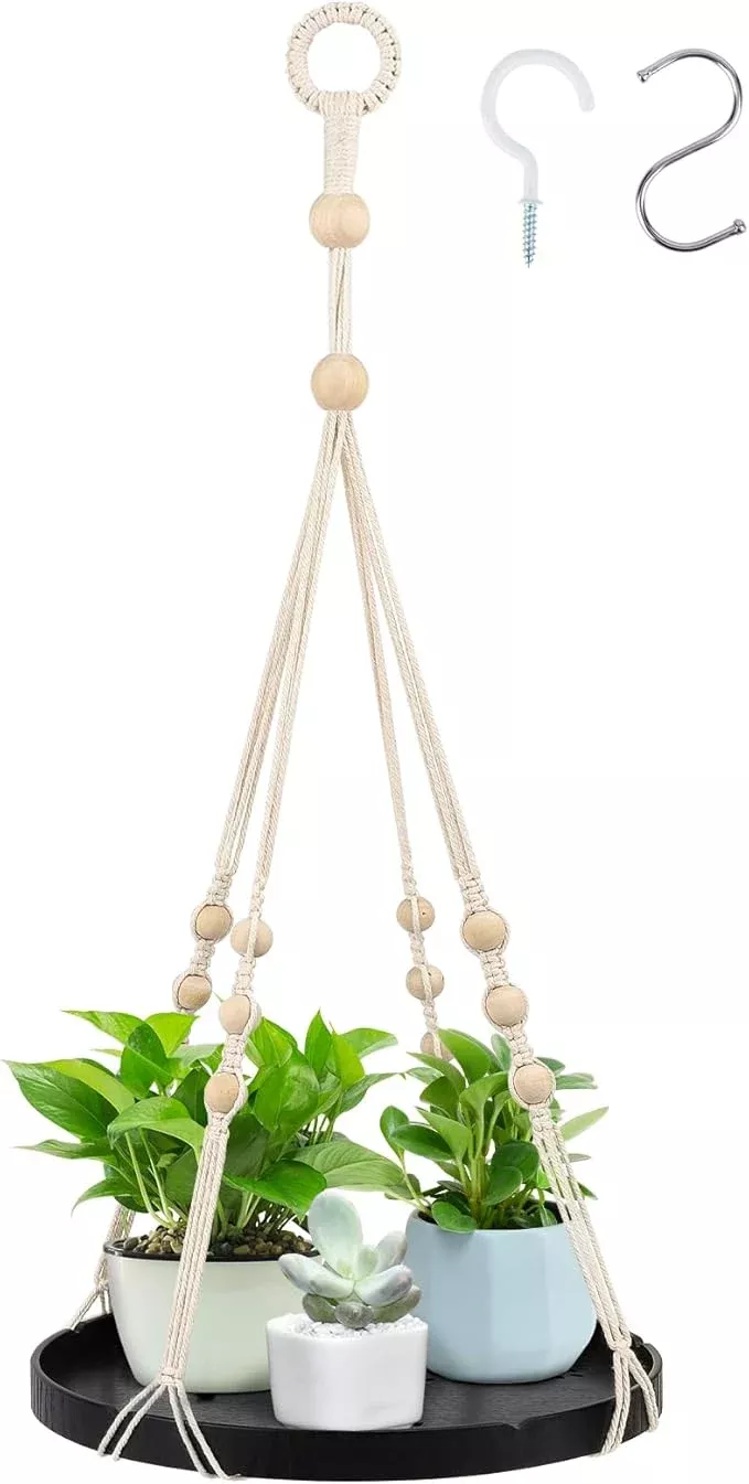 suream-indoor-hanging-planter-shelf-black-macrame-plant-hanger-handmade-cotton-p SUREAM Indoor Hanging Planter Shelf, Black Macrame Plant Hanger, Handmade Cotton Plant Hangers with Wood Tray, Planter Flower Pots Holder for Window Wall Ceiling Home Porch Patio Decor
