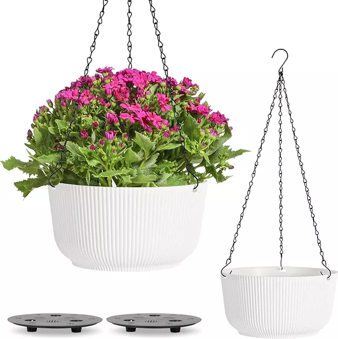 t4u-10-inch-hanging-planters-indoor-outdoor-plants-2-pack-white-self-watering-ha T4U 10 Inch Hanging Planters for Indoor Outdoor Plants, 2 Pack White Self Watering Hanging Plant Pot, Hanging Pots Set with Drainage Hole & Plug & Chain with 3 Hooks for Garden Home Decor