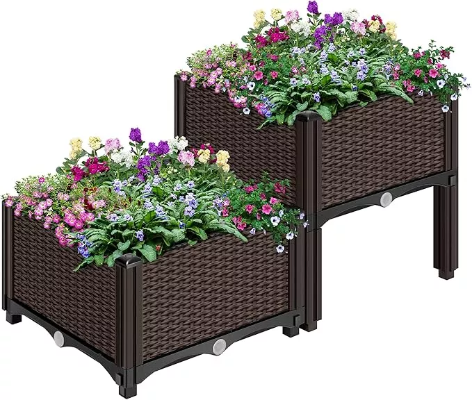 vivohome-2-packs-elevated-plastic-raised-garden-bed-planter-kit-outdoor-planters VIVOHOME 2 Packs Elevated Plastic Raised Garden Bed Planter Kit, Outdoor Planters Above Ground Flower Vegetable Standing Planter Box for Patio Deck Porch W/Drainage Holes