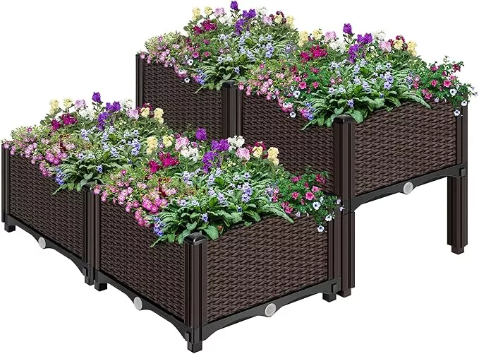 vivohome-4-packs-elevated-plastic-raised-garden-bed-planter-kit-outdoor-planters VIVOHOME 4 Packs Elevated Plastic Raised Garden Bed Planter Kit, Outdoor Planters Above Ground Flower Vegetable Standing Box for Patio Deck Porch W/Drainage Holes