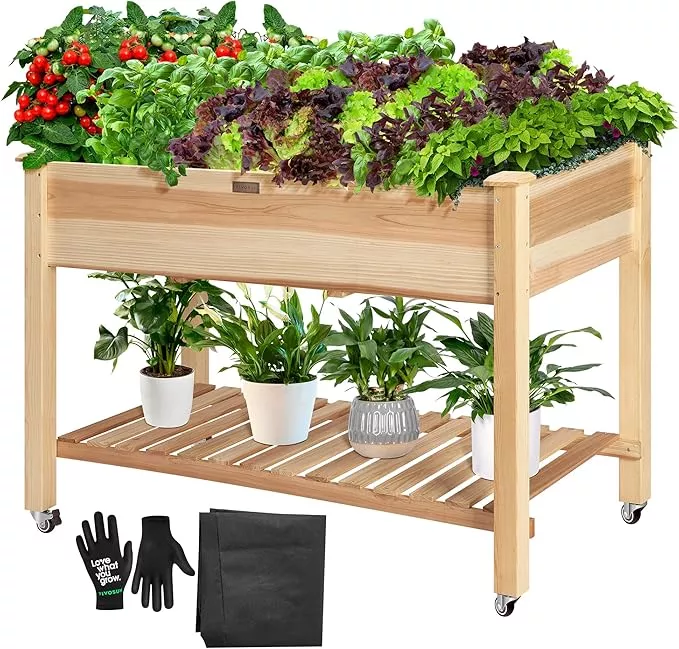 vivosun-elevated-wooden-raised-garden-bed-46-x-24-x-32-inches-mobile-outdoor-pla VIVOSUN Elevated Wooden Raised Garden Bed, 46 x 24 x 32 Inches, Mobile Outdoor Planter Box with Storage Shelf and Protective Liner for Outdoor Use, with Lockable Wheels