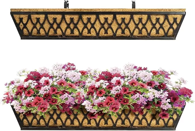 window-boxes-planters-2-pack-30-inch-railing-planter-box-with-adjustable-bracket Window Boxes Planters: 2 Pack 30 Inch Railing Planter Box with Adjustable Brackets for Porch Fence Patio Balcony Hanging Flower Baskets with Coco Liners for Outdoor Garden Decor - Grey