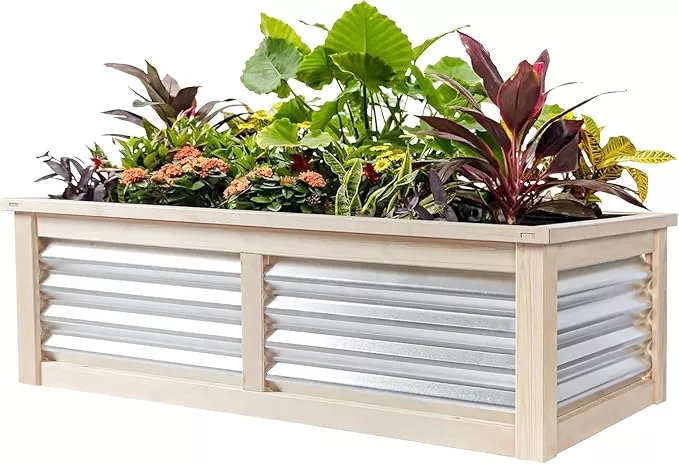 wood-raised-garden-bed-outdoor-plant-box-planters-outdoor-4x2x1-2-ft-plants-with Wood Raised Garden Bed Outdoor Plant Box Planters for Outdoor 4X2X1.2 FT Plants with Galvanized Metal for Herbs Vegetables Flowers Great Patio Deck Balcony
