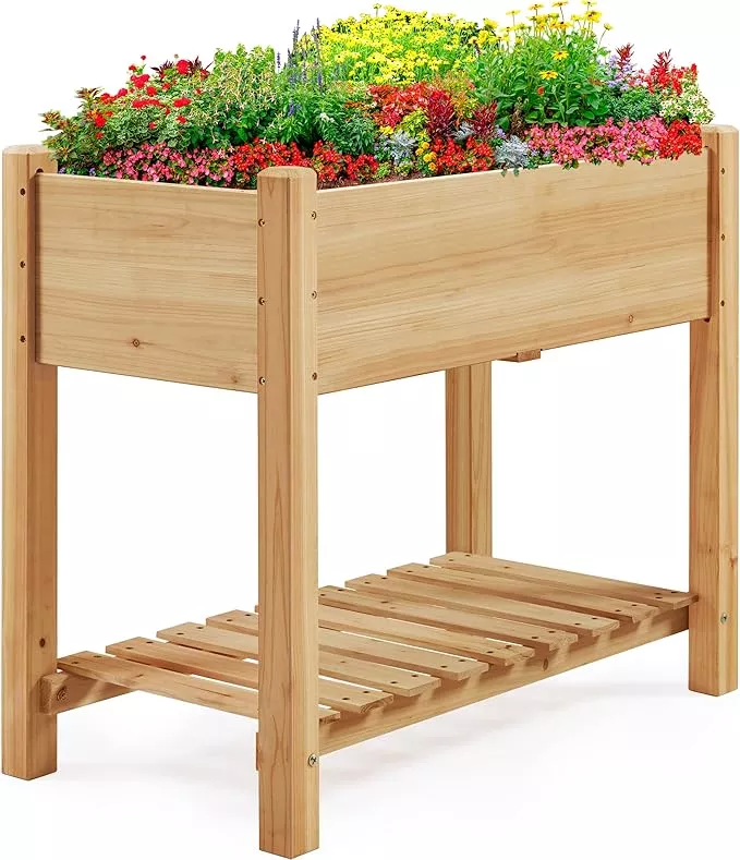 yaheetech-34x18x30in-horticulture-raised-garden-bed-planter-box-with-legs-storag Yaheetech 34x18x30in Horticulture Raised Garden Bed Planter Box with Legs & Storage Shelf Wooden Elevated Vegetable Growing Bed for Flowers, Plants, Backyard, Patio, Balcony, Light Brown
