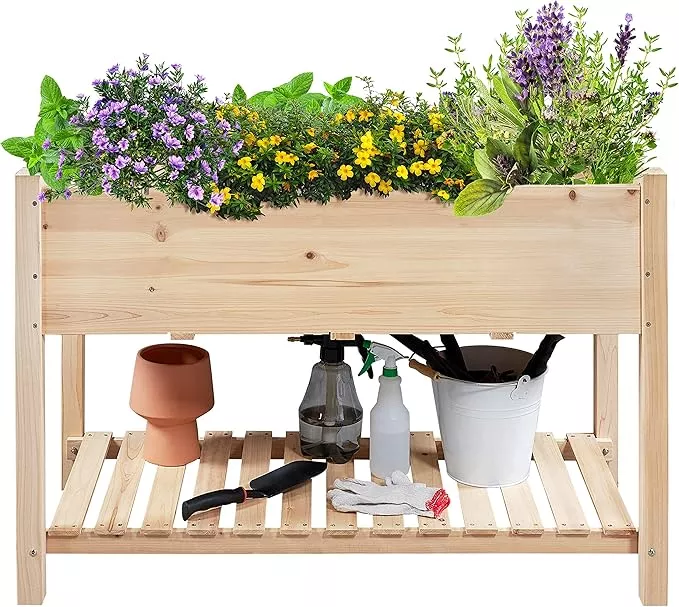 yaheetech-47x23x32in-wooden-raised-garden-bed-with-legs-storage-shelf-horticultu Yaheetech 47x23x32in Wooden Raised Garden Bed with Legs & Storage Shelf Horticulture Wooden Elevated Planter Box Vegetable Growing Bed for Flower/Herb/Backyard/Patio