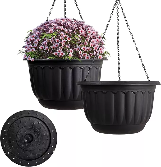 yikush-planters-outdoor-plants-2-pack-black-plant-pots-with-drainage-hole-absorb YIKUSH Planters for Outdoor Plants 2 Pack Black Plant Pots with Drainage Hole and Absorbing Tray Hanging Planters for Indoor Plants (12 inch, 3 Hooks)