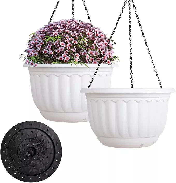 yikush-planters-outdoor-plants-2-pack-white-plant-pots-with-drainage-hole-absorb YIKUSH Planters for Outdoor Plants 2 Pack White Plant Pots with Drainage Hole and Absorbing Tray Hanging Planters for Indoor Plants (12 inch, 3 Hooks)
