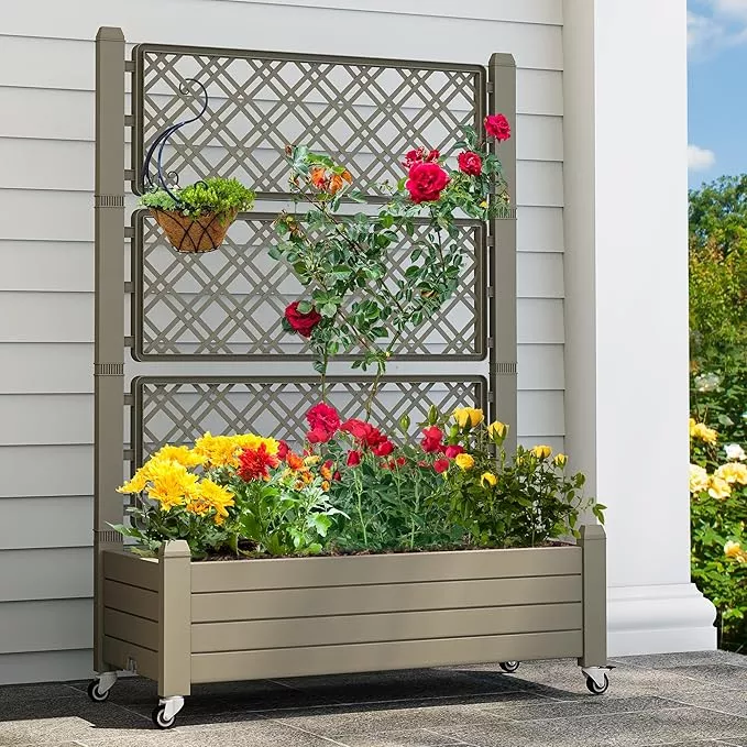 yitahome-3-6x1-5x5-ft-planter-box-trellis-with-wheels-large-outdoor-plastic-rais YITAHOME 3.6x1.5x5 FT Planter Box Trellis with Wheels, Large Outdoor Plastic Raised Garden Bed with Drain Plug for Climbing Plants, Grayish-White