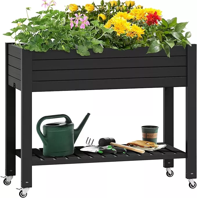 yitahome-43-3x17-7x34-in-elevated-garden-bed-outdoor-plastic-planter-box-with-wh YITAHOME 43.3x17.7x34 in Elevated Garden Bed, Outdoor Plastic Planter Box with Wheels, Legs, Drain Plug, and Storage Shelf for Plants, Vegetables, Flowers, Herbs, Light Brown