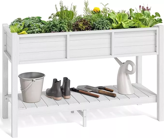 yitahome-48x18x30in-raised-garden-bed-weather-resistant-poly-lumber-planter-box- YITAHOME 48x18x30in Raised Garden Bed, Weather Resistant Poly Lumber Planter Box with Legs & Storage Shelf, Elevated Garden Bed for Yard, Garden, Balcony - White