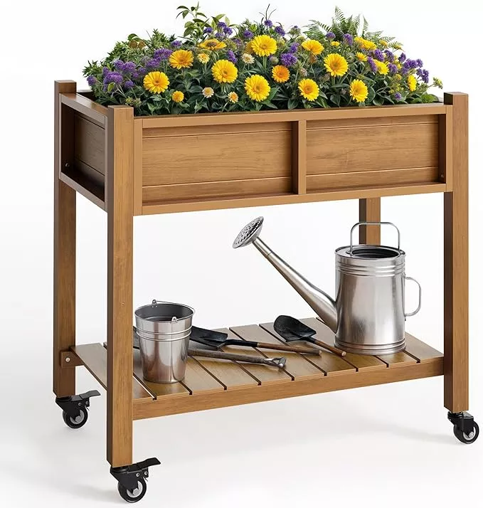 yitahome-raised-garden-bed-hips-poly-wood-elevated-planter-box-with-shelf-wheels YITAHOME Raised Garden Bed, HIPS Poly Wood Elevated Planter Box with Shelf & Wheels for Mobility, Small Flower Box Stand for Patio Balcony Garden Backyard, Black
