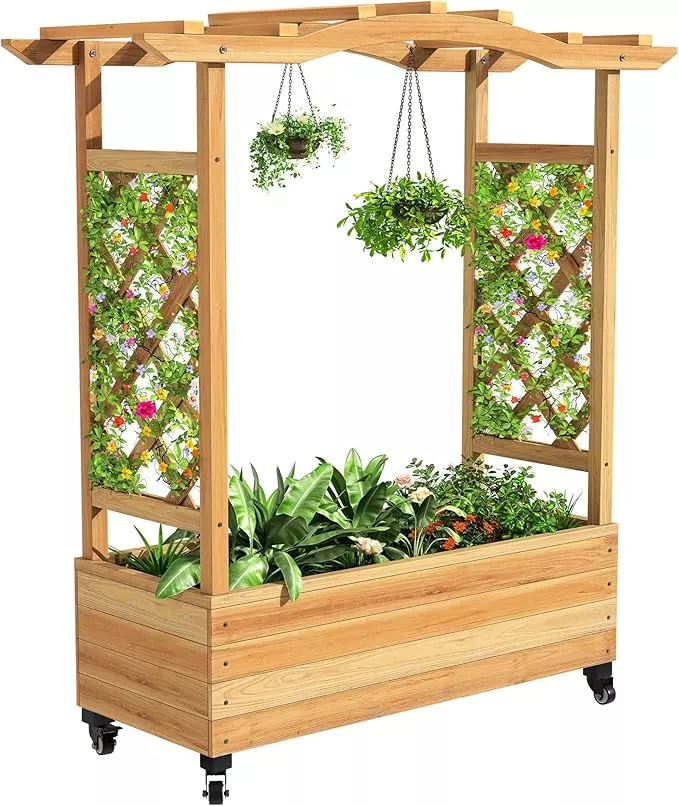 yitahome-raised-garden-bed-with-trellis-lockable-wheels-wood-free-standing-trell YITAHOME Raised Garden Bed with Trellis and Lockable Wheels, Wood Free-Standing Trellis Planter Box with Hanging Roof for Climbing Plants Flowers in Garden, Patio, Backyard, Balcony, Natural