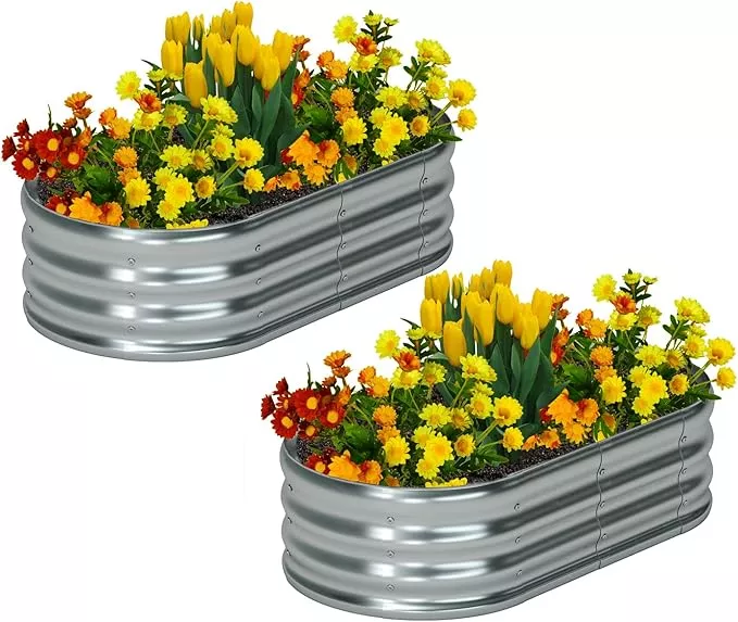 zizin-2-pack-galvanized-raised-garden-bed-metal-oval-raised-garden-beds-outdoor- zizin 2 Pack Galvanized Raised Garden Bed Metal Oval Raised Garden Beds Outdoor Planter Box for Vegetables (6x3x1FT, Silver)