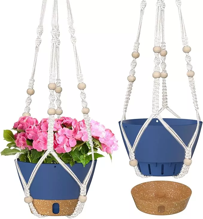 zmtech-2-pack-8-inch-blue-hanging-planters-with-macrame-plant-hanger-indoor-outd ZMTECH 2 Pack 8 Inch Blue Hanging Planters with Macrame Plant Hanger for Indoor and Outdoor Plants, Self Watering, Drainage Hole, Visible Level Tray