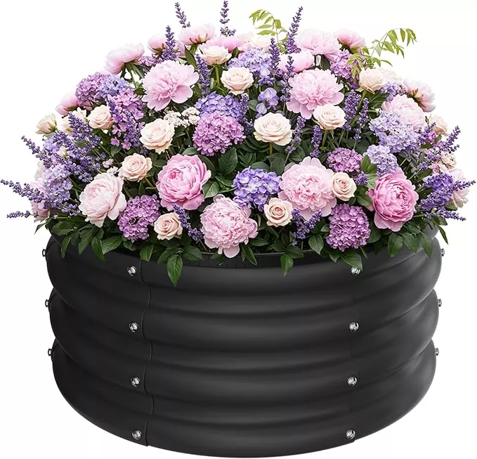 zxzyhfty-round-galvanized-raised-garden-bed-kit-black-outdoor-garden-raised-plan ZXZYHFTY Round Galvanized Raised Garden Bed kit,Black Outdoor Garden Raised Planter Box, Round Large Metal Raised Garden Beds for Vegetable 2 * 2 * 1ft 2 Pcs