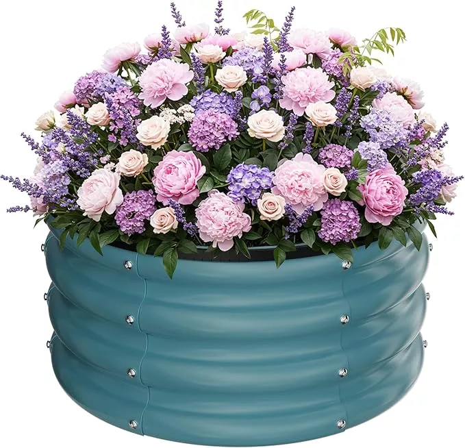 zxzyhfty-round-galvanized-raised-garden-bed-kit-blue-outdoor-garden-raised-plant ZXZYHFTY Round Galvanized Raised Garden Bed kit,Blue Outdoor Garden Raised Planter Box, Round Large Metal Raised Garden Beds for Vegetable 2 * 2 * 1ft 2 Pcs