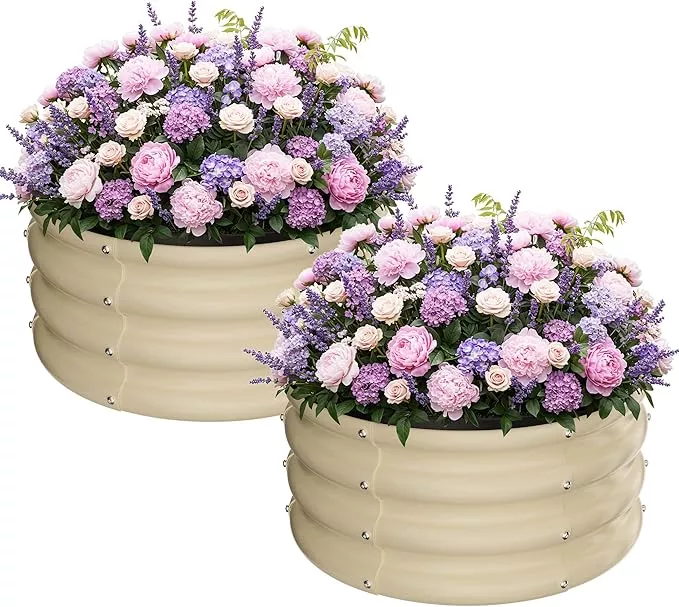zxzyhfty-round-galvanized-raised-garden-bed-kit-white-outdoor-garden-raised-plan ZXZYHFTY Round Galvanized Raised Garden Bed kit,White Outdoor Garden Raised Planter Box, Round Large Metal Raised Garden Beds for Vegetable 2 * 2 * 1ft 1Pack
