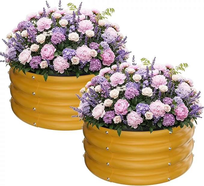 zxzyhfty-round-galvanized-raised-garden-bed-kit-yellow-outdoor-garden-raised-pla ZXZYHFTY Round Galvanized Raised Garden Bed kit,Yellow Outdoor Garden Raised Planter Box, Round Large Metal Raised Garden Beds for Vegetable 2 * 2 * 1ft 1 Pack